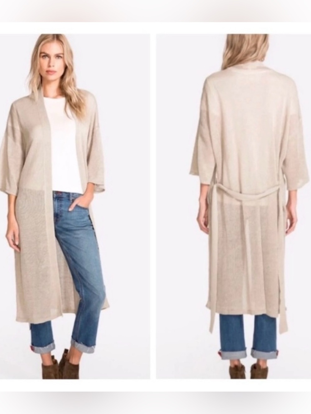 Johnny Was Beige Tan Organic Linen Long Kimono Wrap Cardigan Duster XS/S